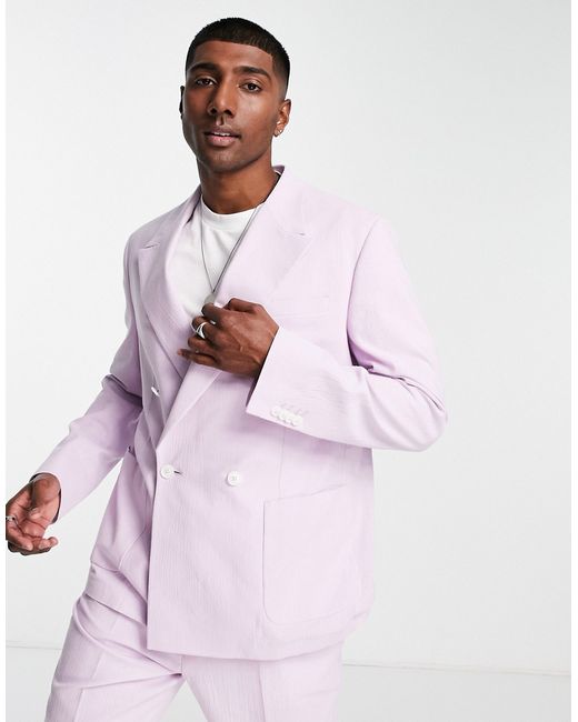 Topman relaxed double breasted suit jacket in lilac crepe-