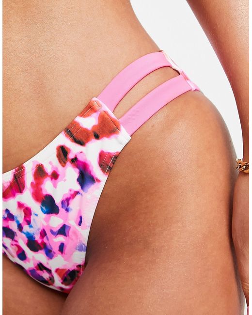 Figleaves hipster bikini bottom with side strap detail in pink leopard print-