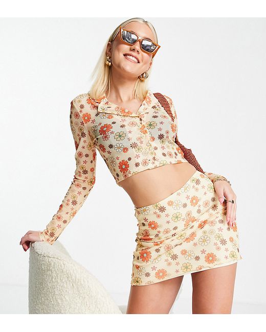 Bailey Rose button up long sleeve retro floral mesh crop top part of a set-