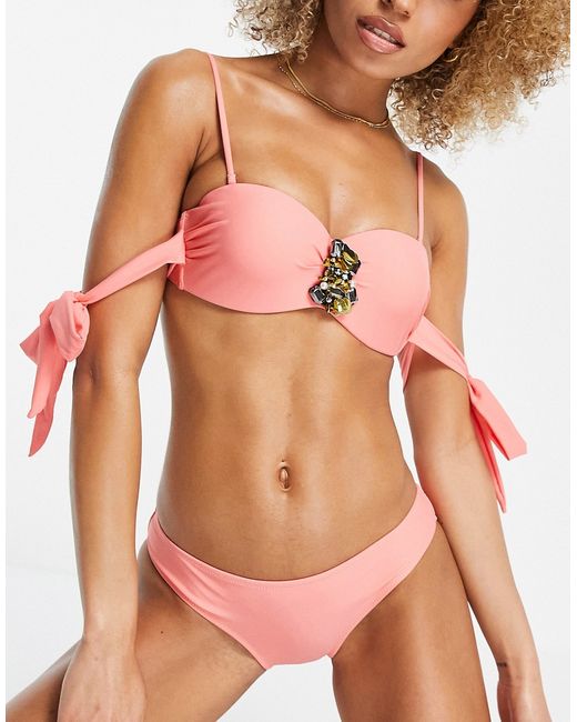 Love & Other Things jewel front bow detail bikini in