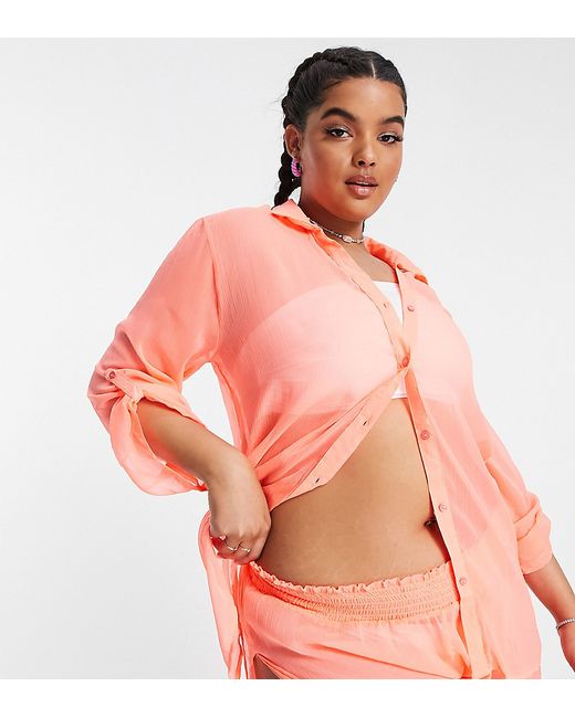 Brave Soul Plus beach shirt and shorts set in neon coral-