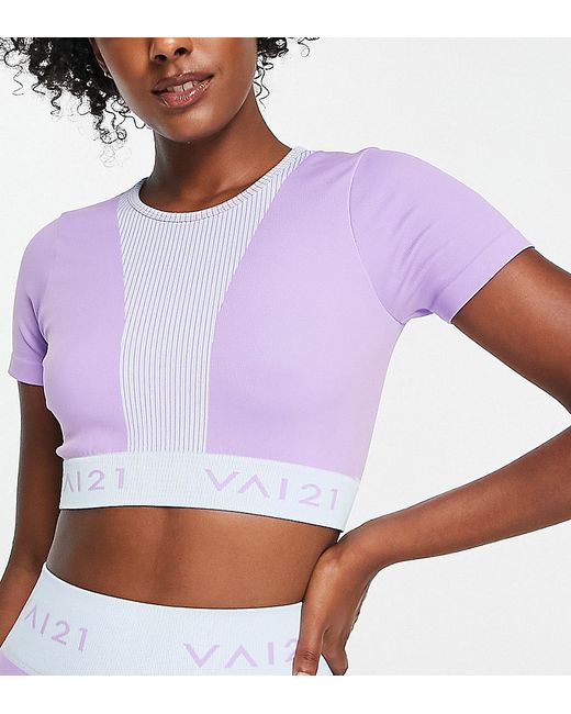 Vai21 seamless two tone cap sleeve top in pastel blue and lilac part of a set-