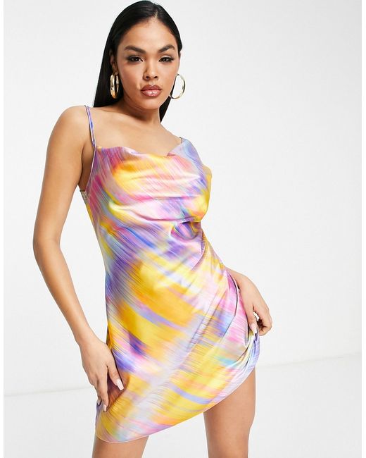 First Distraction The Label asymmetric satin slip dress in print