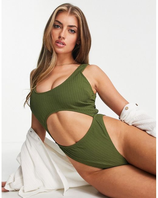 Wolf & Whistle Fuller Bust Exclusive cut out swimsuit in khaki texture-