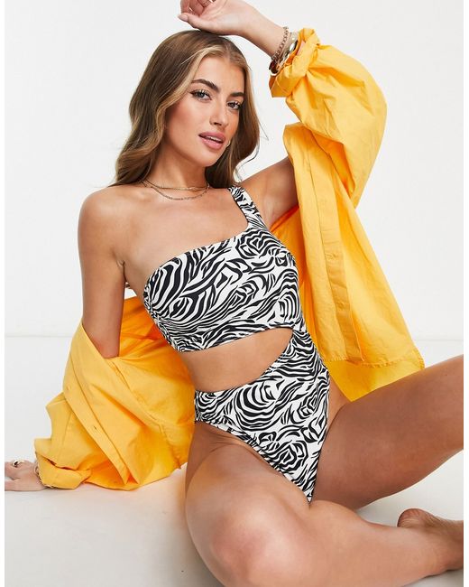Wolf & Whistle Fuller Bust Exclusive one shoulder cut-out swimsuit in zebra print-