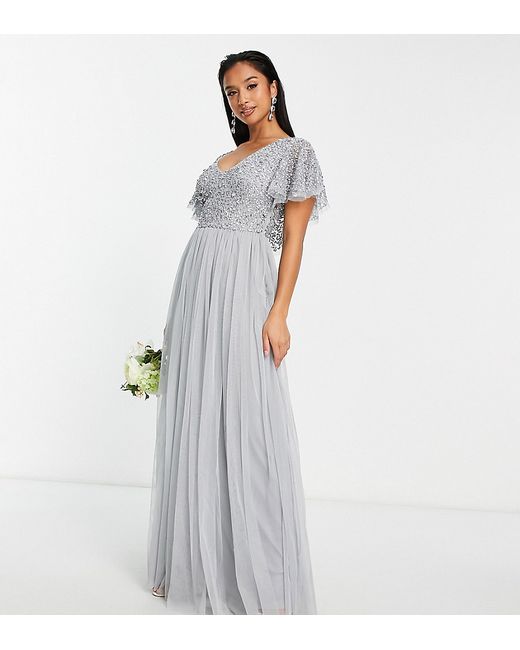 Beauut Petite Bridesmaid embellished bodice maxi dress with flutter sleeves in