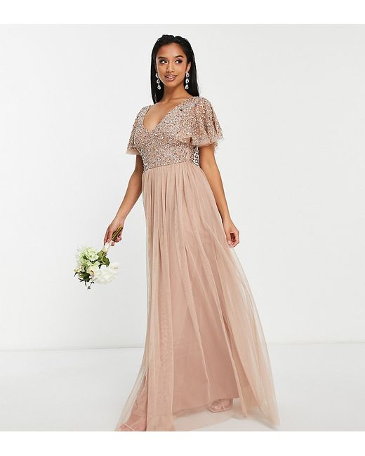 Beauut Petite Bridesmaid embellished bodice maxi dress with flutter sleeves in taupe-
