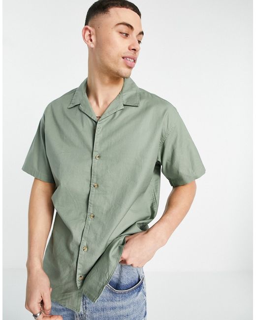 Jack & Jones Originals short sleeve revere collar shirt in khaki-