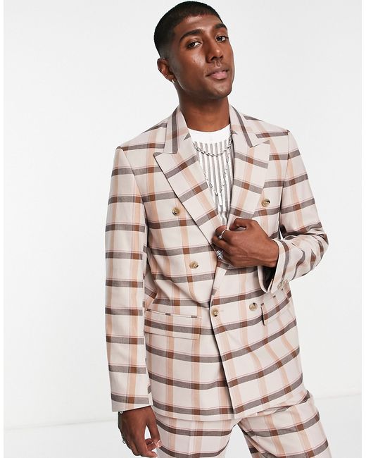 Viggo Valle relaxed double breast suit jacket in and brown check-