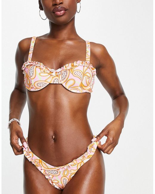 Love & Other Things cup high rise bikini in and orange retro swirl print