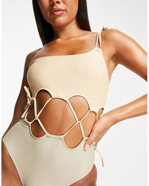 Love & Other Things one shoulder cross strappy swimsuit in apricot-