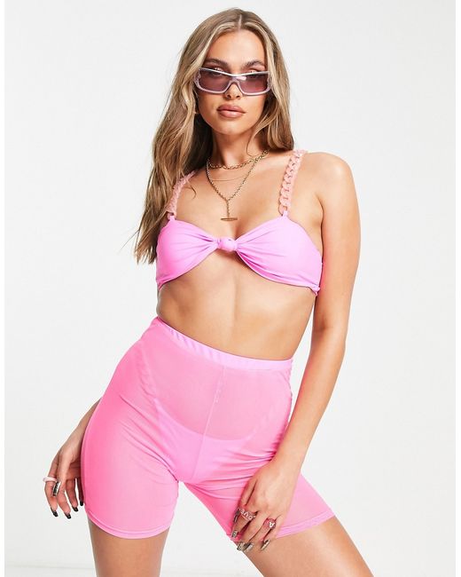 Love & Other Things 3 piece bikini and mesh short set in neon with chain detail