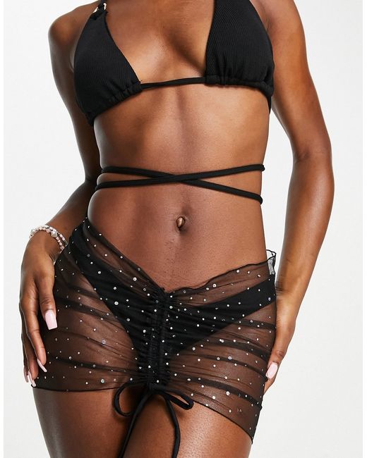 Love & Other Things 3 piece strappy bikini and glitter mesh sarong set in