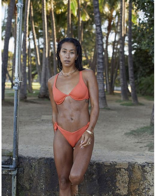 Roxy featuring Kelia Moniz high leg cheeky bikini bottom in coral-