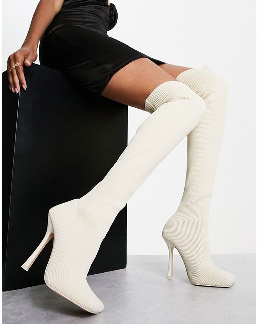 Public Desire over-the-knee knitted stiletto boots in off-white-