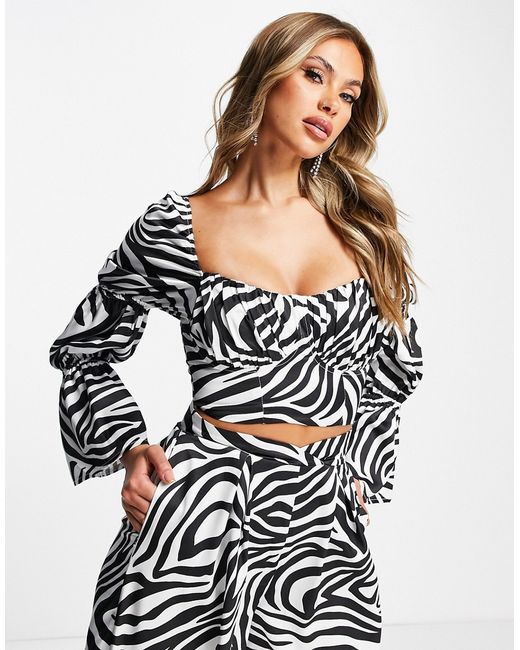 First Distraction The Label satin crop top with ruched bust in zebra print part of a set-