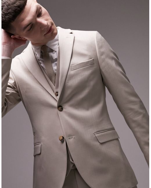 Topman super skinny herringbone texture suit jacket in stone-
