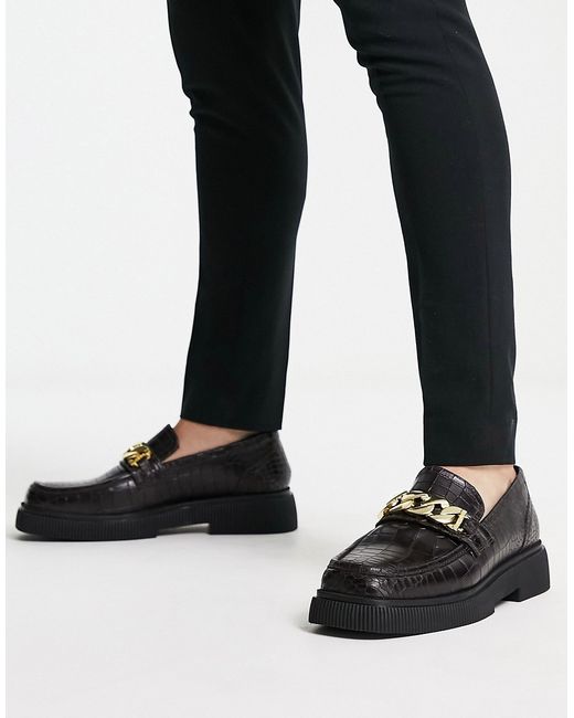 Asra farley square toe chain loafers in croc polished leather