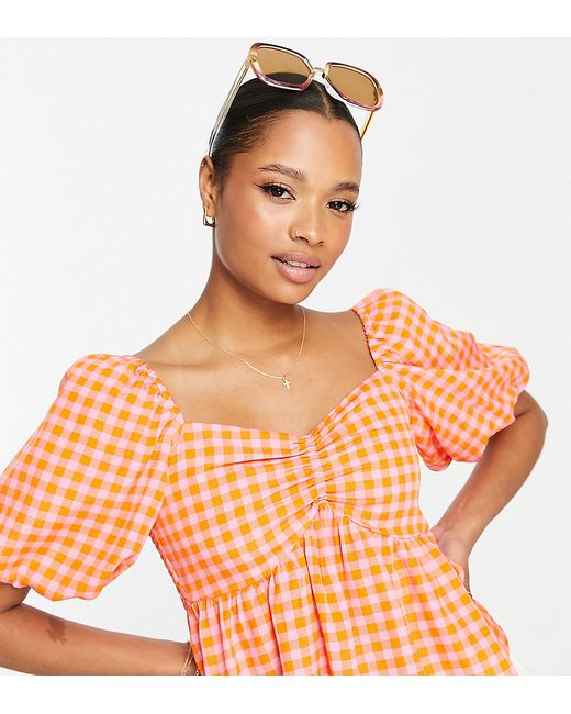 New Look Petite puff sleeve blouse in gingham