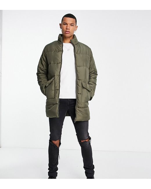 Another Influence Tall utility longline puffer jacket in khaki-