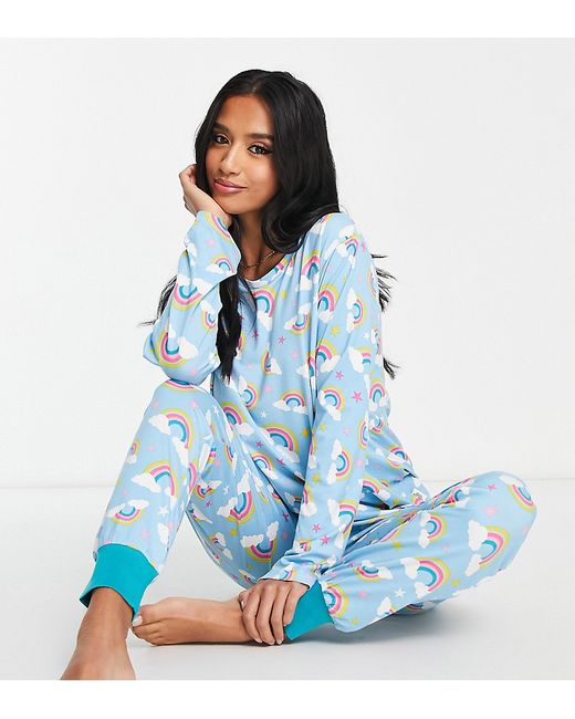Chelsea Peers Petite long sleeve and cuff pants pajama set in light rainbow print