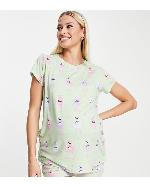 Chelsea Peers Maternity short pajama set in light green robot print-