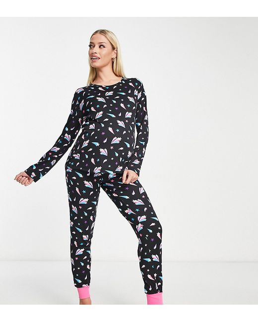 Chelsea Peers Maternity long sleeve and cuff pants pajama set in pink shooting star print