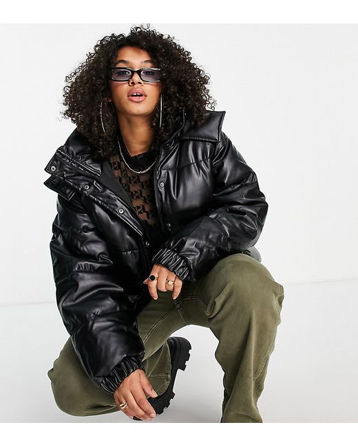 Sixth June Plus oversized cropped puffer with hood in faux leather-