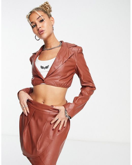 Rebellious Fashion leather look cropped shirt in chocolate part of a set-