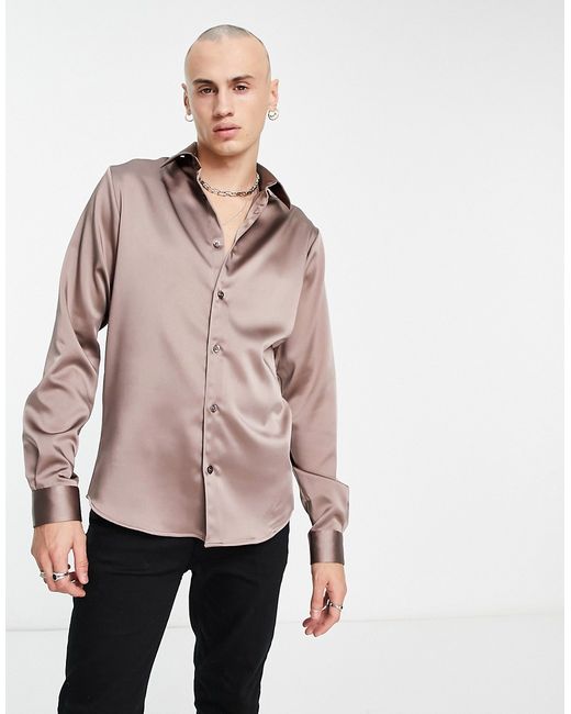 Twisted Tailor slinky slim shirt in champagne-