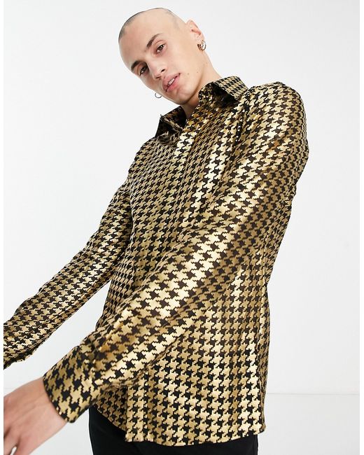 Twisted Tailor birch slim shirt in mesh with foil houndstooth print