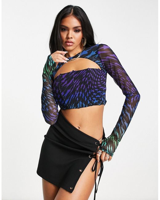 Afrm long sleeve mesh crop top in abstract blue-