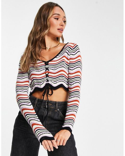 PacSun cropped knitted sweater in wavy stripe with drawstring bust-