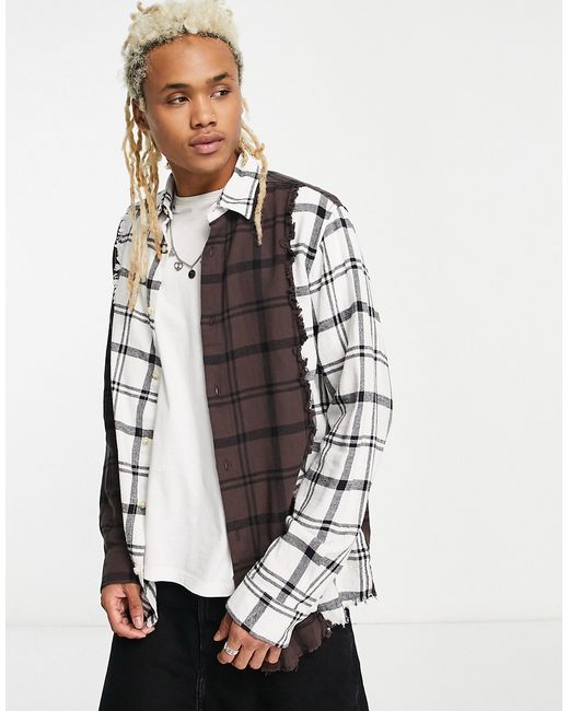 Adpt oversized flannel mix check shirt in brown
