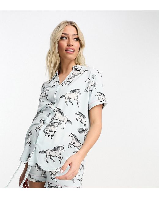 Chelsea Peers Maternity button up short pajama set in wild horses print-