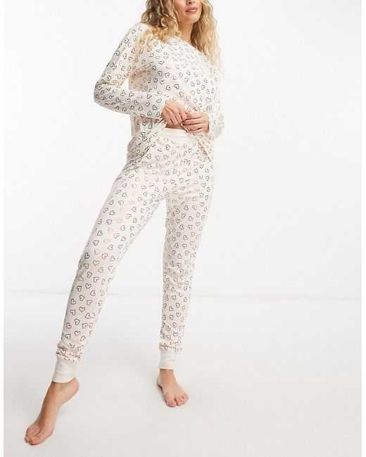 Chelsea Peers foil hearts long pajama set in cream and red-