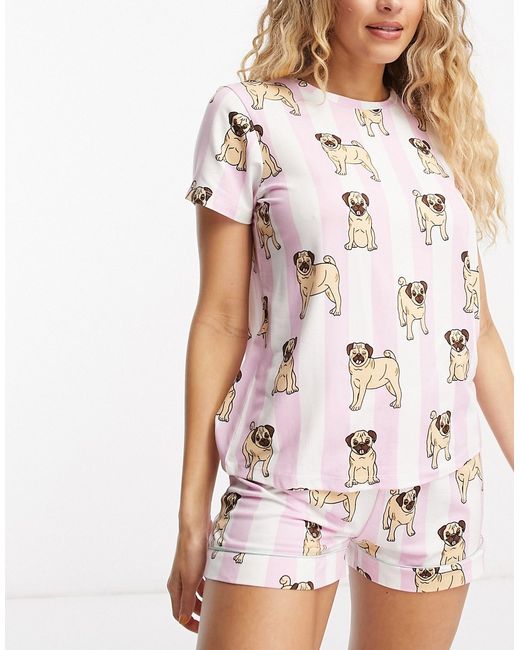 Chelsea Peers short pajama set in pink and white pug stripe-