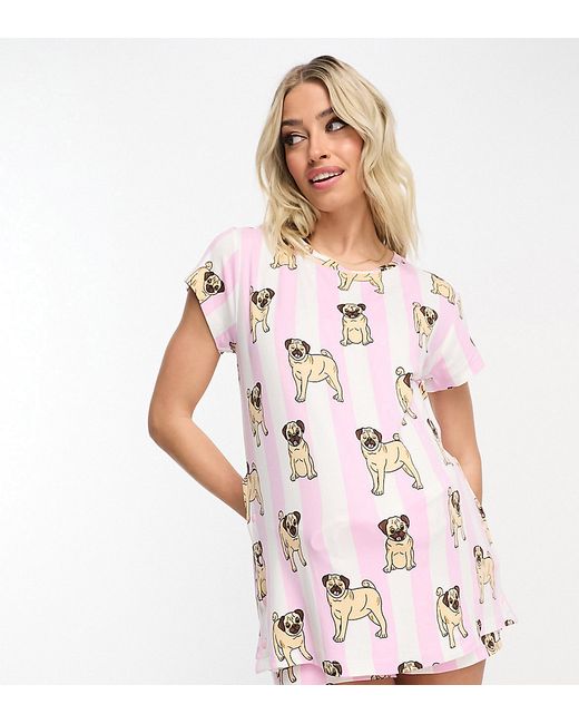 Chelsea Peers Maternity short pajama set in pink and white pug stripe-