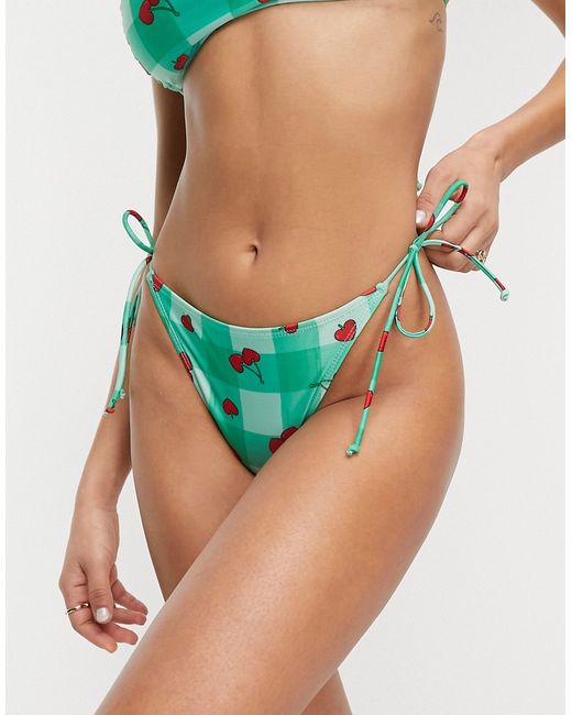 Brave Soul tie side bikini bottom in plaid cherry print
