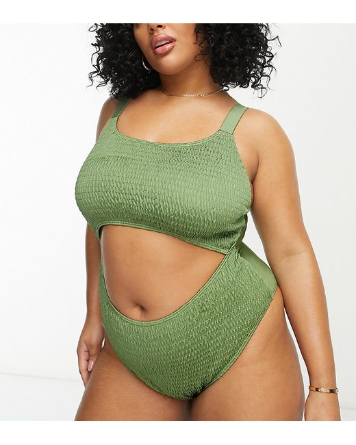South Beach Curve Exclusive cut out crinkle swimsuit in khaki-