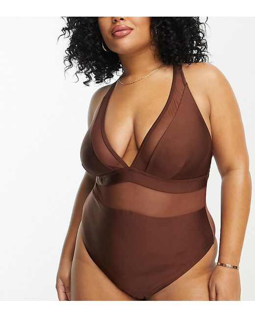 South Beach Curve Exclusive plunge mesh swimsuit in high shine