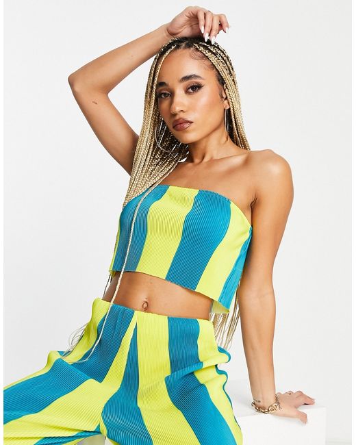 Something New tube crop top in blue and yellow stripe part of a set-