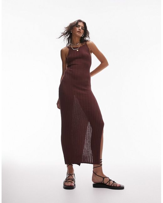 TopShop knitted open back strappy midi dress in chocolate-