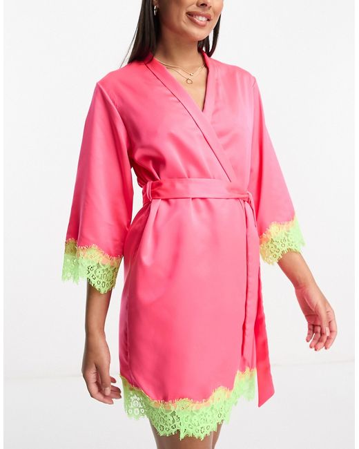 Loungeable satin robe in bright with neon lace