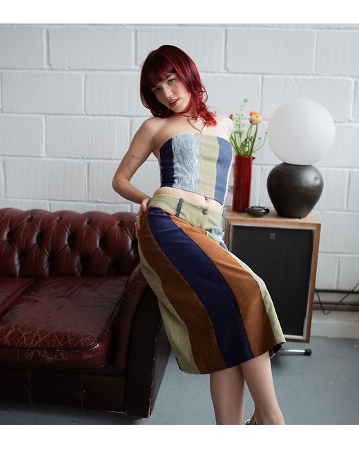 Labelrail x Lara Adkins patchwork corduroy awkward length skirt in part of a set