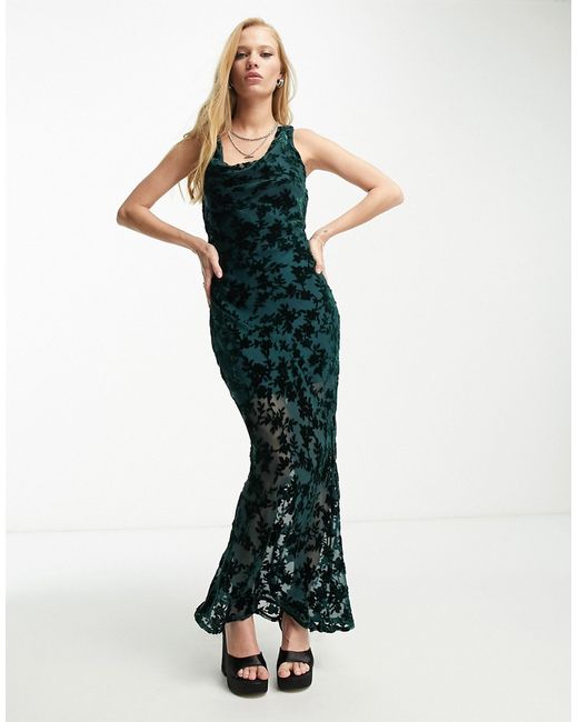 Sisters of the Tribe cowl front maxi dress with open back in burnout velvet