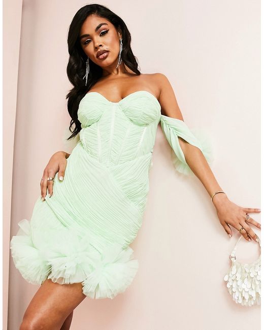 ASOS Luxe ruched corsetted off shoulder mini dress with tulle corsage sleeves hem in mint-