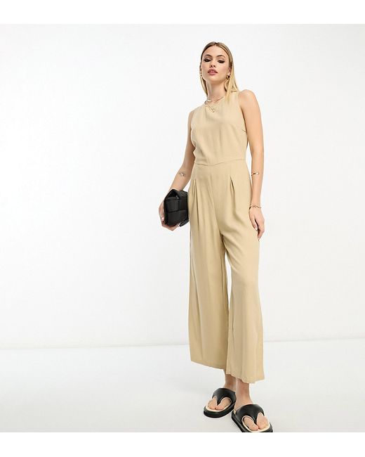 Vero Moda Tall linen touch tie back jumpsuit with pleat front wide leg in beige-