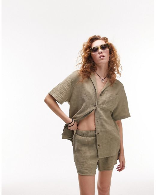 TopShop textured cheesecloth short sleeve shirt in khaki part of a set-