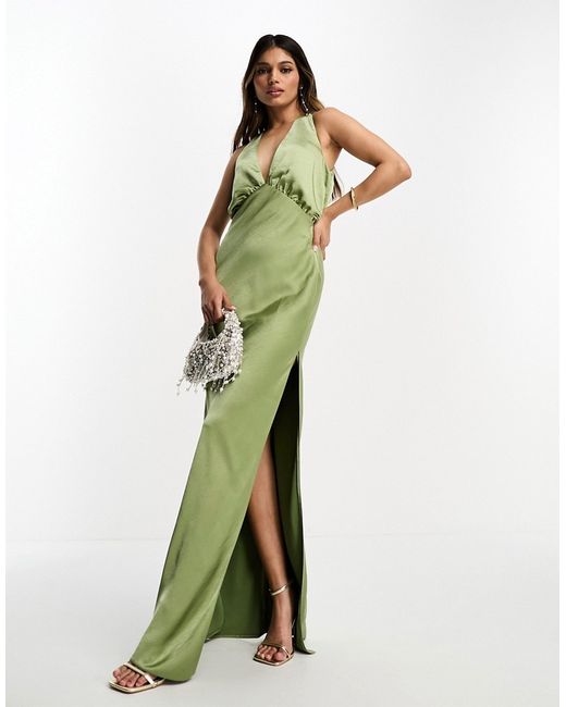 Asos Design satin plunge slouchy maxi dress in olive
